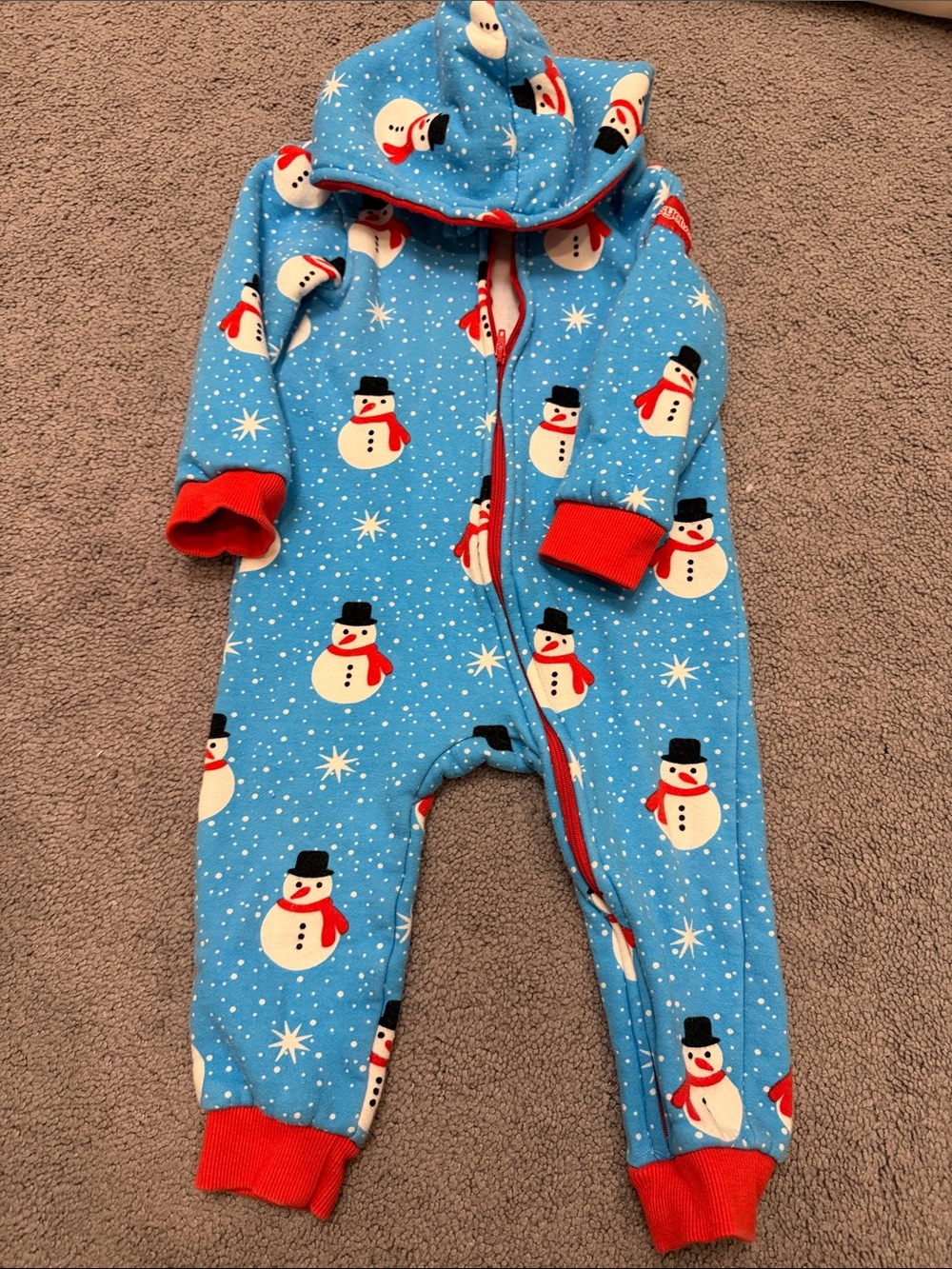 Tipsy Elves Blue Snowman Hooded Baby One-Piece with Red Trim